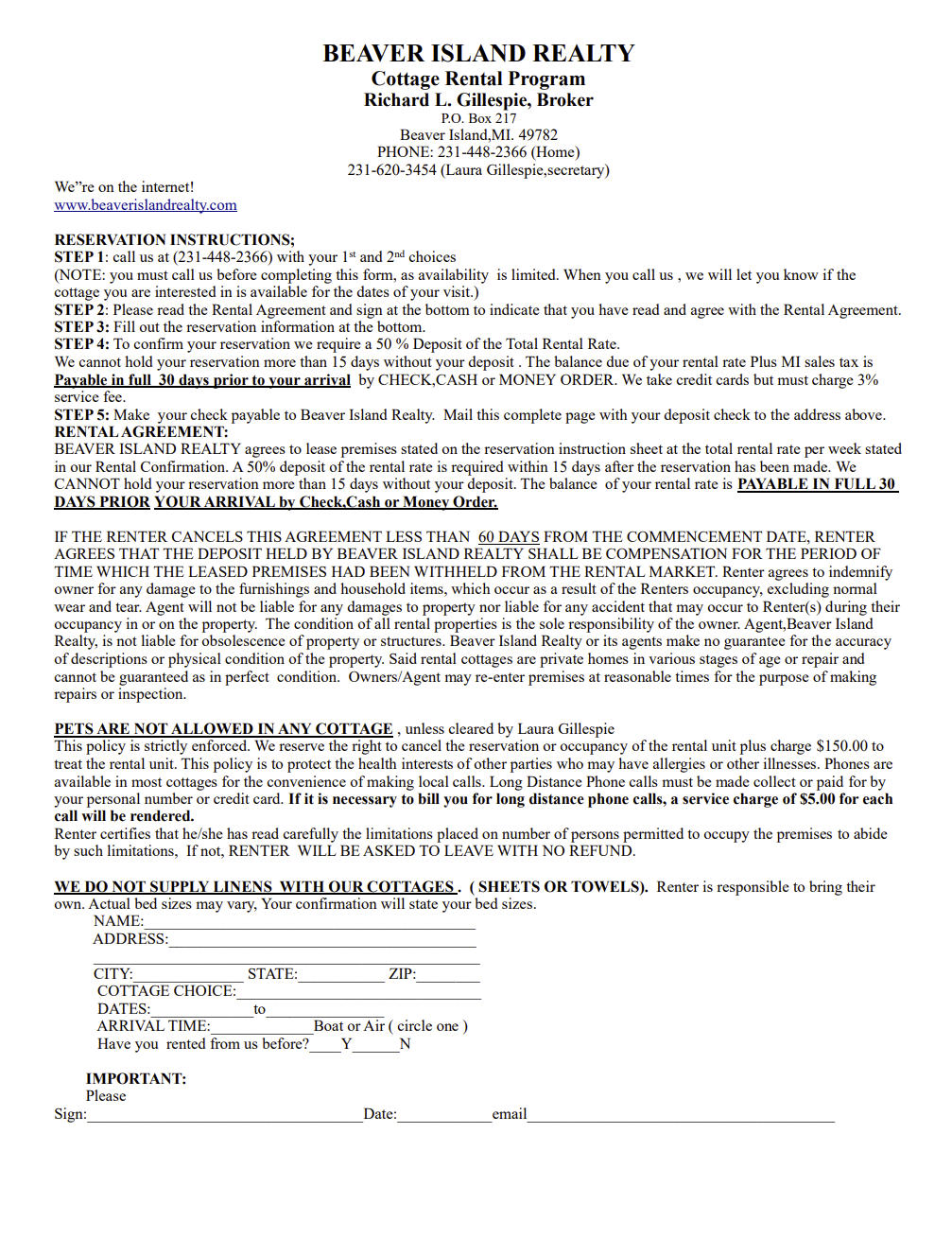 Please download and complete the following Beaver Island cottage rental reservation form